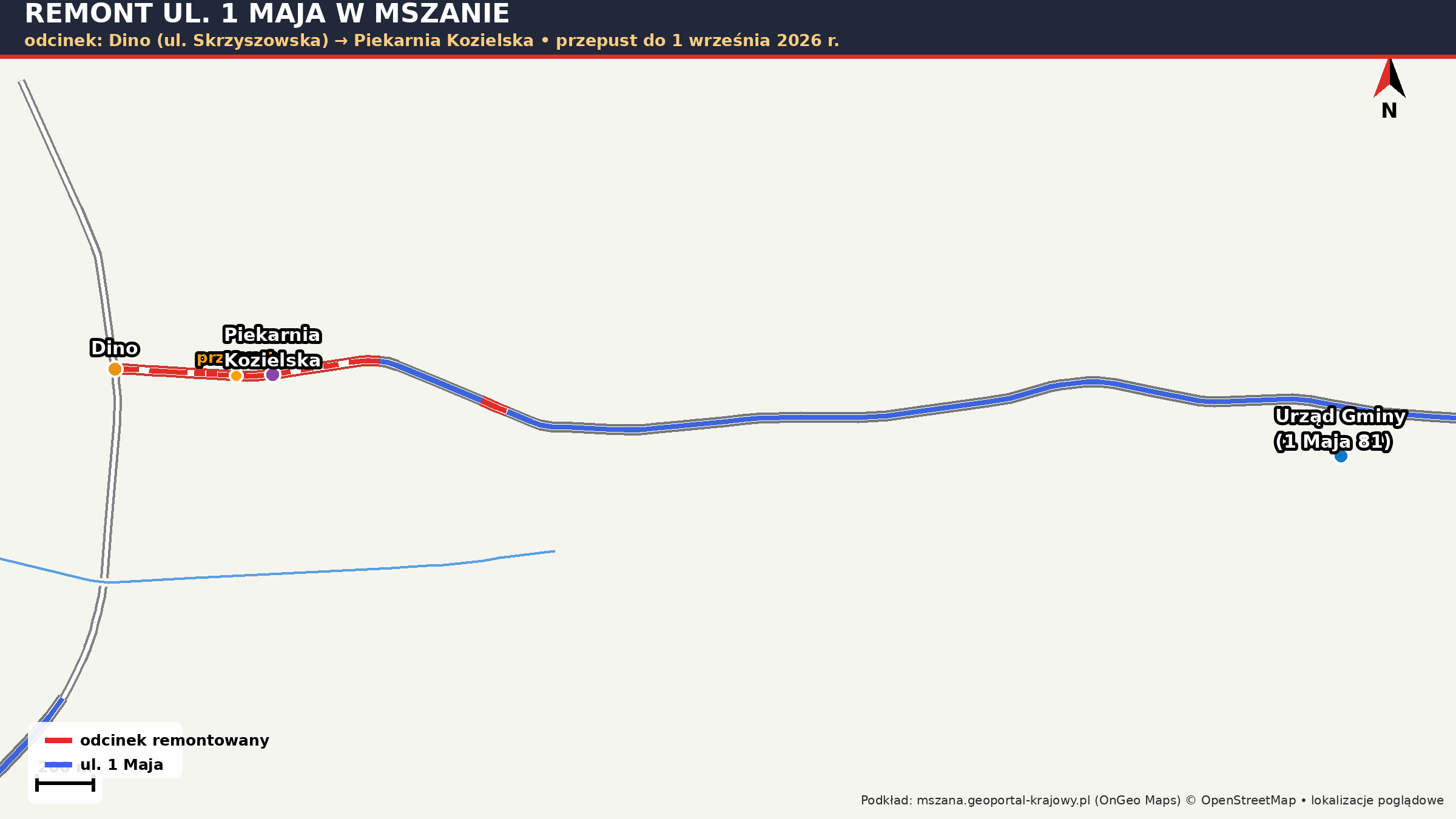 Mapa: remontowany odcinek ul. 1 Maja w Mszanie