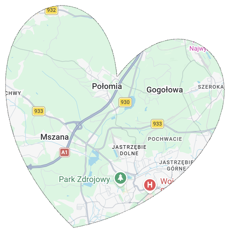 Mapa okolic Mszany w kształcie serca; zaznaczono Mszanę, Połomię i Gogołowę.